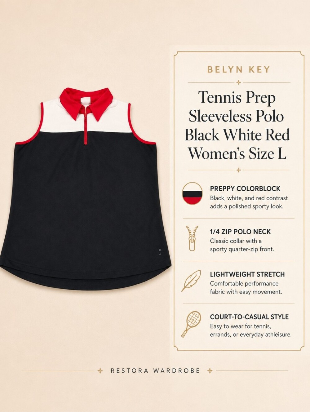 Belyn Key Women’s L Sleeveless Golf Polo Black White Red Quarter Zip
